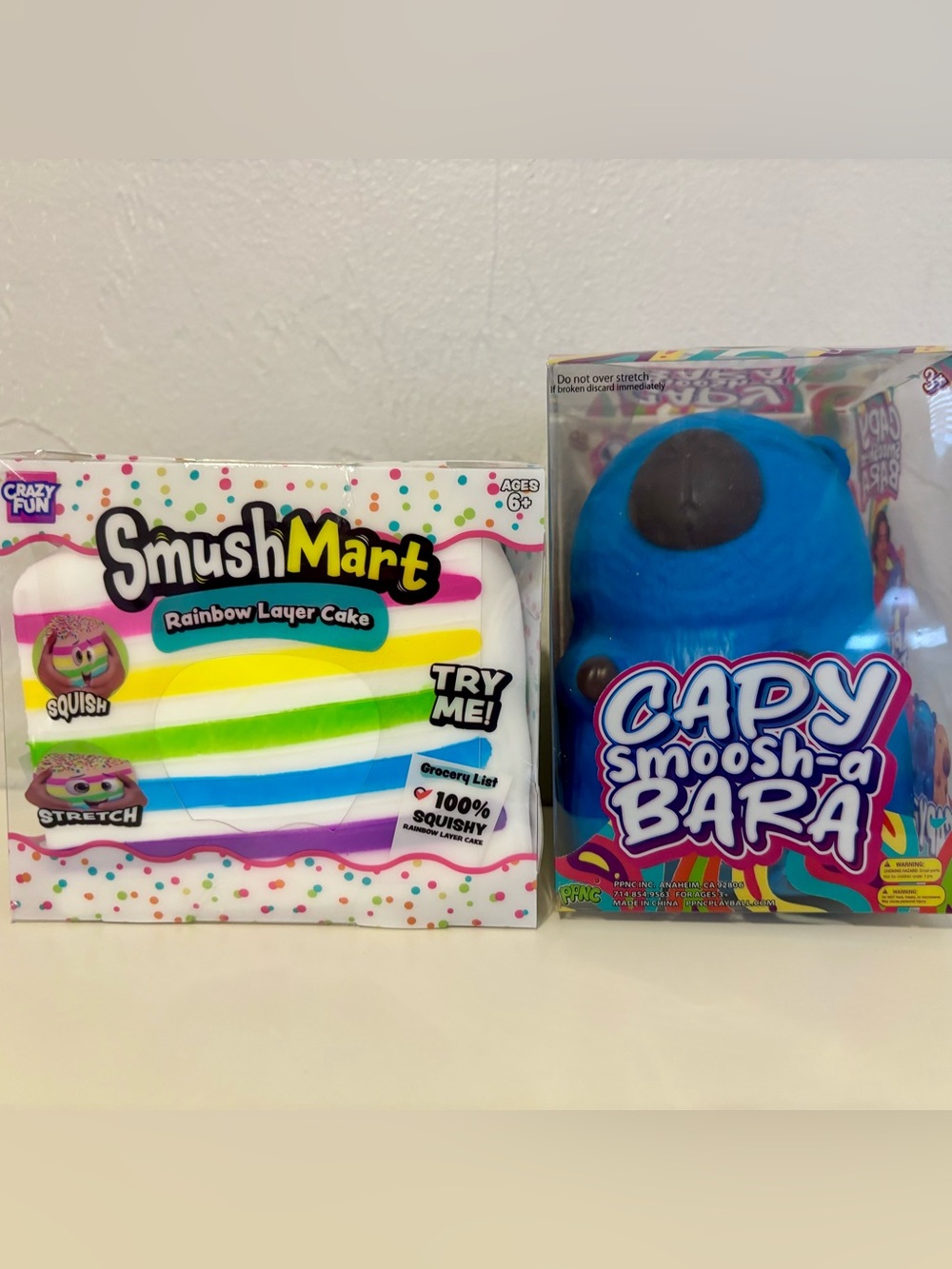 Crazy Fun Smush-a-Bara Capy Capybara Squishy Toy + Smushmart Rainbow Cake
